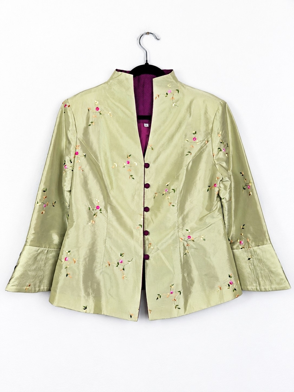 Vintage 100% Silk Embroidered Jacket L Mandarin Collar Cottagecore Asian Floral